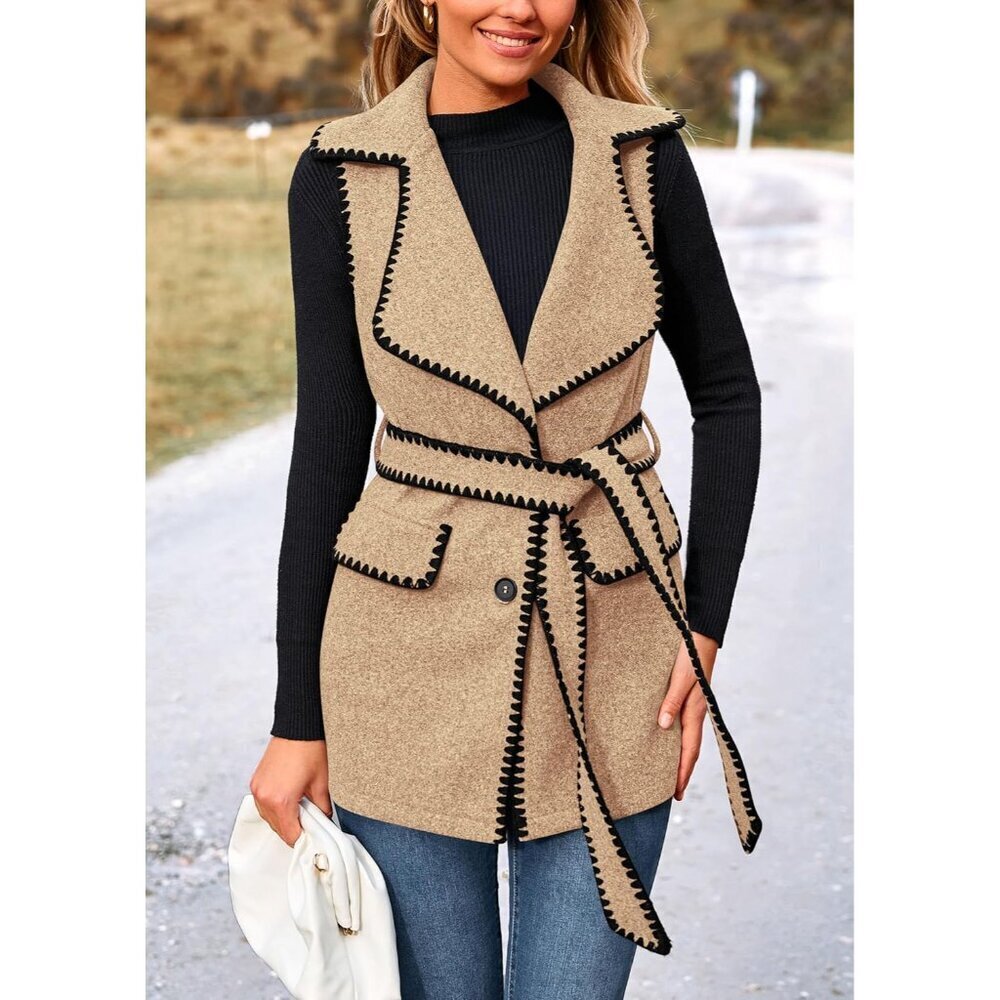 Women's Tweed Vest Outerwear Large Sleeveless Button Belt Fall Winter - Picture 4 of 9